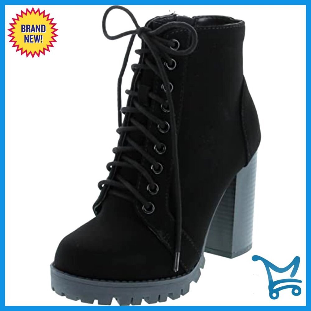 Lace Up Ankle Boots with Stacked Heel and Side Zipper - Picture 2 of 7